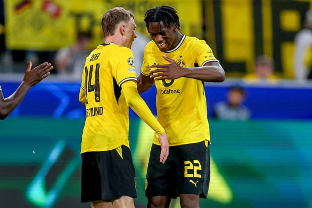 September 8, 2026, Soccer, UEFA Champions League, Borussia Dortmund vs. Villarreal CF, Matchday 1 of the Champions League, Signal Iduna Park, 2026–27 Season: Goal celebration after the 1–0 goal by BVB’s Maximilian Beier (No. 14) together with Joane Gadou (No. 22). DFB regulations prohibit any use of photographs as image sequences and or quasi-video. North Rhine-Westphalia, Germany