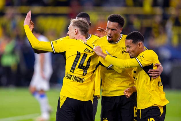 September 8, 2026, Soccer, Matchday 1 of the UEFA Champions League, Borussia Dortmund vs. FC Villarreal: Maximilian Beier (Borussia Dortmund), Felix Nmecha (Borussia Dortmund), and Ethan Nwaneri (Borussia Dortmund) celebrate the 1–0 goal scored by Renato Veiga (FC Villarreal) at Signal Iduna Park, North Rhine-Westphalia, Germany. xRHR PHOTO DEx Copyright: DennisxEwert RHR-FOTOx RHR-FOTO DE