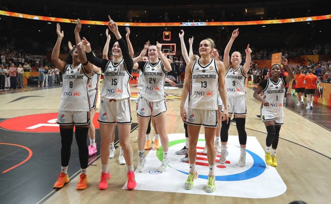 German team celebrates after the game Joy Emotion Sports Basketball FIBA World Cup Women s World Championship 2026-2027 season August 9, 2026 DBB Germany GER vs. South Korea KOR
