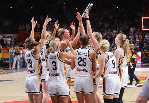 Marie Gülichd, MVP; German team celebrates after the game; Joy; Emotion; Sports; Basketball; FIBA World Cup; Women s World Championship; 2026–2027 season; August 9, 2026; DBB; Germany (GER) vs. South Korea (KOR)