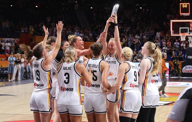 Marie Gülichd, MVP; German team celebrates after the game; Joy; Emotion; Sports; Basketball; FIBA World Cup; Women s World Championship; 2026–2027 season; August 9, 2026; DBB; Germany (GER) vs. South Korea (KOR)