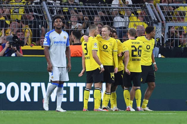 Soccer: UEFA Champions League Group Stage, Matchday 1—Borussia Dortmund vs. Villarreal on September 8, 2026, at Signal Iduna Park in Dortmund. Celebration of the 1-0 goal, scored on an own goal by Renato Veiga of Villarreal. xRx