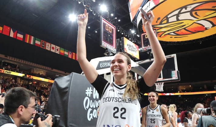 Emily Bessoir, German team celebrates after the game Joy Emotion Sports Basketball FIBA World Cup Women s World Championship 2026-2027 season August 9, 2026 DBB Germany GER vs. South Korea KOR