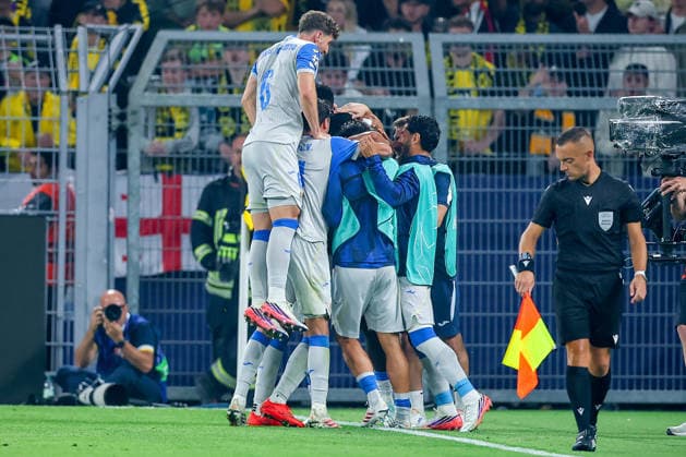 September 8, 2026, Soccer, UEFA Champions League, Borussia Dortmund vs. Villarreal CF, Champions League Matchday 1, Signal Iduna Park, 2026–27 season. Celebrations following the 1–1 goal by scorer Santiago Mourino of Villarreal CF 15. In accordance with DFB regulations, any use of photographs as image sequences and or quasi-video is prohibited. North Rhine-Westphalia, Germany