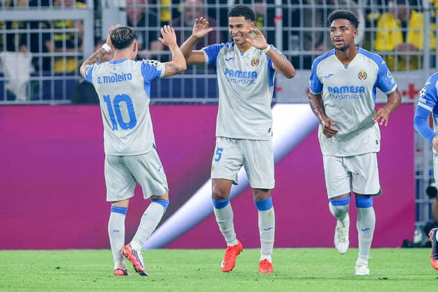 September 8, 2026, Soccer, UEFA Champions League, Borussia Dortmund vs. Villarreal CF, Matchday 1 of the Champions League, Signal Iduna Park, 2026–27 season: Goal celebration after the 1–1 goal by scorer Santiago Mourino (Villarreal CF 15) alongside Alberto Moleiro (Villarreal CF 10). DFB regulations prohibit any use of photographs as image sequences and or quasi-video. North Rhine-Westphalia, Germany
