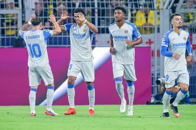 September 8, 2026, Soccer, UEFA Champions League, Borussia Dortmund vs. Villarreal CF, Matchday 1 of the Champions League, Signal Iduna Park, 2026–27 season: Goal celebration after the 1–1 goal by scorer Santiago Mourino (Villarreal CF 15) alongside Alberto Moleiro (Villarreal CF 10). DFB regulations prohibit any use of photographs as image sequences and or quasi-video. North Rhine-Westphalia, Germany