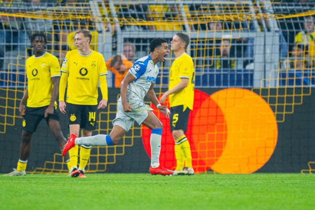 September 8, 2026: Soccer, 2026–2027, Champions League, Matchday 1, Borussia Dortmund vs. Villarreal; Santiago Mourino of Villarreal celebrates after scoring the goal that tied the game at 1–1
