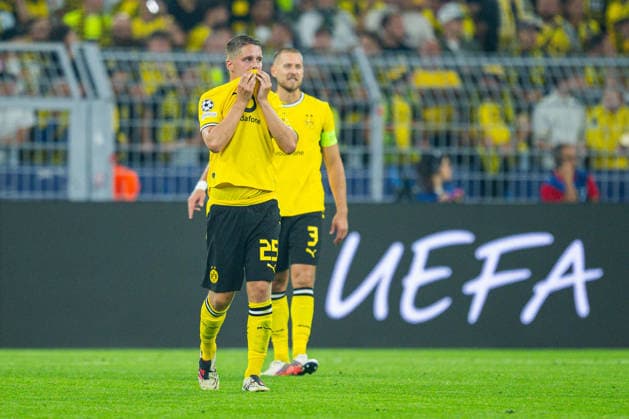 September 8, 2026 Soccer, 2026–2027, Champions League, Matchday 1, Borussia Dortmund vs. Villarreal CF; Referee: Joey Veerman (Dortmund); Waldemar Anton (Dortmund) after Santiago Mourino (Villarreal) scored the 1–1 goal