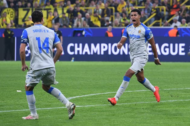 Soccer: UEFA Champions League Group Stage, Matchday 1—Borussia Dortmund vs. Villarreal on September 8, 2026, at Signal Iduna Park in Dortmund. Celebrations following the 1-1 goal scored by Santiago Mourino of Villarreal. xRx