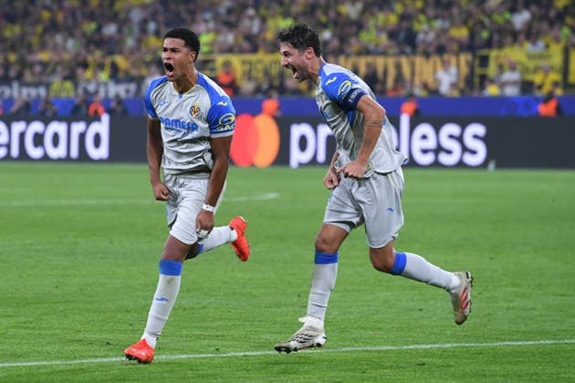Soccer: UEFA Champions League Group Stage, Matchday 1—Borussia Dortmund vs. Villarreal on September 8, 2026, at Signal Iduna Park in Dortmund. Celebrations following the 1-1 goal scored by Santiago Mourino of Villarreal. xRx