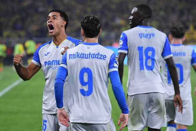 Soccer: UEFA Champions League Group Stage, Matchday 1—Borussia Dortmund vs. Villarreal on September 8, 2026, at Signal Iduna Park in Dortmund. Celebrations following the 1-1 goal scored by Santiago Mourino of Villarreal. xRx