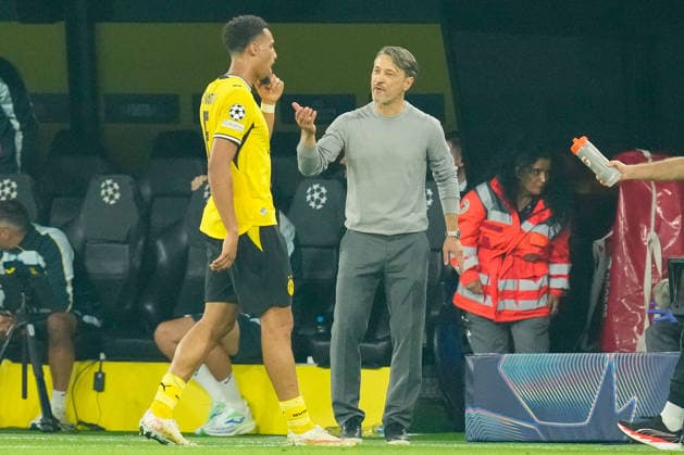 Felix Nmecha of Borussia Dortmund and coach Niko Kovac of Borussia Dortmund talk during the 2026–2027 UEFA Champions League match between Borussia Dortmund and Villarreal at BVB Stadion Dortmund on September 8, 2026, in Dortmund, Germany. Photo by Alex Gottschalk, DeFodi Images