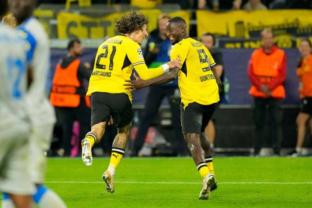 Serhou Guirassy of Borussia Dortmund celebrates after scoring his team s second goal alongside Fabio Silva of Borussia Dortmund during the 2026–2027 UEFA Champions League match between Borussia Dortmund and Villarreal at BVB Stadion Dortmund on September 8, 2026, in Dortmund, Germany. Photo by Alex Gottschalk, DeFodi Images