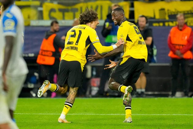 Serhou Guirassy of Borussia Dortmund celebrates after scoring his team s second goal alongside Fabio Silva of Borussia Dortmund during the 2026–2027 UEFA Champions League match between Borussia Dortmund and Villarreal at BVB Stadion Dortmund on September 8, 2026, in Dortmund, Germany. Photo by Alex Gottschalk, DeFodi Images