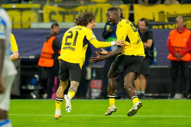 Serhou Guirassy of Borussia Dortmund celebrates after scoring his team s second goal alongside Fabio Silva of Borussia Dortmund during the 2026–2027 UEFA Champions League match between Borussia Dortmund and Villarreal at BVB Stadion Dortmund on September 8, 2026, in Dortmund, Germany. Photo by Alex Gottschalk, DeFodi Images