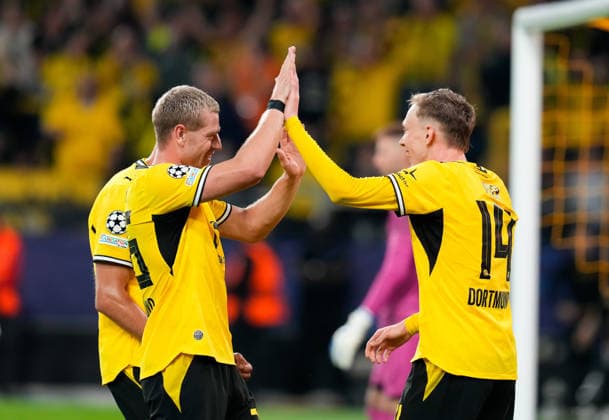 Julian Ryerson of Borussia Dortmund, 26, and Maximilian Beier of Borussia Dortmund, 14, celebrate after a goal in the match between Borussia Dortmund and Villarreal CF, soccer, UEFA Champions League, Matchday 1, 2026–2027 season, September 8, 2026, Borussia Dortmund vs. Villarreal CF, soccer, UEFA Champions League, Matchday 1, 2026–2027 season, September 8, 2026, Dortmund Copyright: xEibner-Pressefoto ScottxColemanx EP_SCN