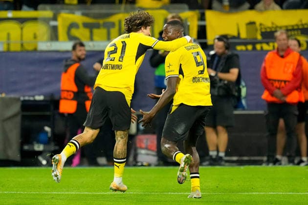 Serhou Guirassy of Borussia Dortmund celebrates after scoring his team s second goal alongside Fabio Silva of Borussia Dortmund during the 2026–2027 UEFA Champions League match between Borussia Dortmund and Villarreal at BVB Stadion Dortmund on September 8, 2026, in Dortmund, Germany. Photo by Alex Gottschalk, DeFodi Images