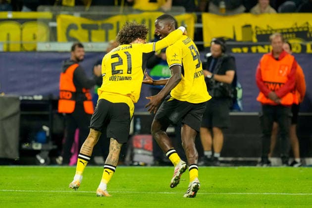 Serhou Guirassy of Borussia Dortmund celebrates after scoring his team s second goal alongside Fabio Silva of Borussia Dortmund during the 2026–2027 UEFA Champions League match between Borussia Dortmund and Villarreal at BVB Stadion Dortmund on September 8, 2026, in Dortmund, Germany. Photo by Alex Gottschalk, DeFodi Images