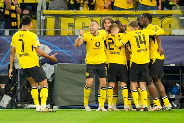 Serhou Guirassy of Borussia Dortmund celebrates with his teammates after scoring his team s second goal during the 2026–2027 UEFA Champions League match between Borussia Dortmund and Villarreal at BVB Stadion Dortmund on September 8, 2026, in Dortmund, Germany. Photo by Alex Gottschalk, DeFodi Images