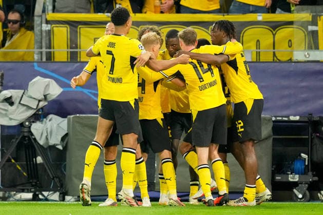 Serhou Guirassy of Borussia Dortmund celebrates with his teammates after scoring his team s second goal during the 2026–2027 UEFA Champions League match between Borussia Dortmund and Villarreal at BVB Stadion Dortmund on September 8, 2026, in Dortmund, Germany. Photo by Alex Gottschalk, DeFodi Images
