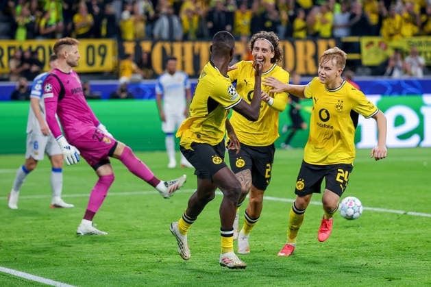 September 8, 2026, Soccer, UEFA Champions League, Borussia Dortmund vs. Villarreal CF, Champions League Matchday 1, Signal Iduna Park, 2026–27 Season. Goal celebration after the 2–1 goal by Serhou Guirassy (BVB 09) alongside Fabio Silva (BVB 21). DFB regulations prohibit any use of photographs as image sequences and or quasi-video. North Rhine-Westphalia, Germany