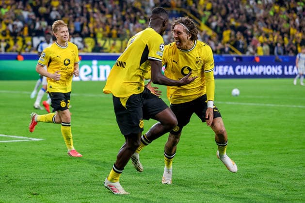 September 8, 2026, Soccer, UEFA Champions League, Borussia Dortmund vs. Villarreal CF, Champions League Matchday 1, Signal Iduna Park, 2026–27 Season. Goal celebration after the 2–1 goal by Serhou Guirassy (BVB 09) alongside Fabio Silva (BVB 21). DFB regulations prohibit any use of photographs as image sequences and or quasi-video. North Rhine-Westphalia, Germany