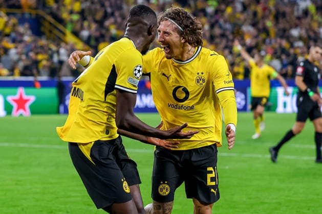 September 8, 2026, Soccer, UEFA Champions League, Borussia Dortmund vs. Villarreal CF, Champions League Matchday 1, Signal Iduna Park, 2026–27 Season. Goal celebration after the 2–1 goal by Serhou Guirassy (BVB 09) alongside Fabio Silva (BVB 21). DFB regulations prohibit any use of photographs as image sequences and or quasi-video. North Rhine-Westphalia, Germany
