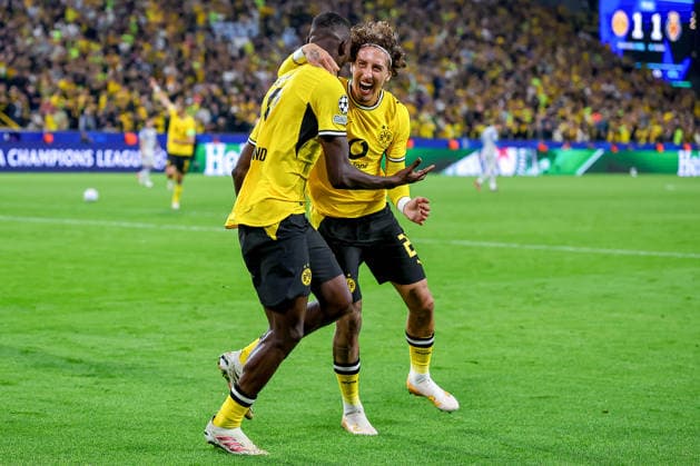 September 8, 2026, Soccer, UEFA Champions League, Borussia Dortmund vs. Villarreal CF, Champions League Matchday 1, Signal Iduna Park, 2026–27 Season. Goal celebration after the 2–1 goal by Serhou Guirassy (BVB 09) alongside Fabio Silva (BVB 21). DFB regulations prohibit any use of photographs as image sequences and or quasi-video. North Rhine-Westphalia, Germany