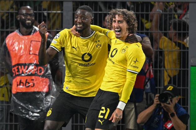 Serhou Guirassy (Dortmund 9) celebrates with Fabio Silva after scoring the goal that made it 2–1. Dortmund, August 9, 2026. ¢ Soccer, Champions League, Borussia Dortmund vs. Villarreal Club de Fútbol, Signal Iduna Park, Dortmund, North Rhine-Westphalia, Germany Copyright: xpepphotox xHorstxMauelshagenx pep00321, pep_20260908_hm_419122
