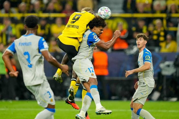 Serhou Guirassy of Borussia Dortmund and Renato Veiga of Villarreal CF battle for the ball during the 2026–2027 UEFA Champions League match between Borussia Dortmund and Villarreal at BVB Stadion Dortmund on September 8, 2026, in Dortmund, Germany. Photo by Alex Gottschalk, DeFodi Images