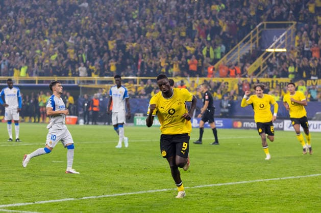 Dortmund, Germany, September 8, 2026; 2026–2027 UEFA Champions League Group Stage Match 1: Borussia Dortmund vs. Villarreal CF. Pictured: Goal scorer Serhou Guirassy. BVB celebrates after his goal to make it 3–1 at Signal Iduna Park, North Rhine-Westphalia. Copyright: xFotostandx xZeisingx