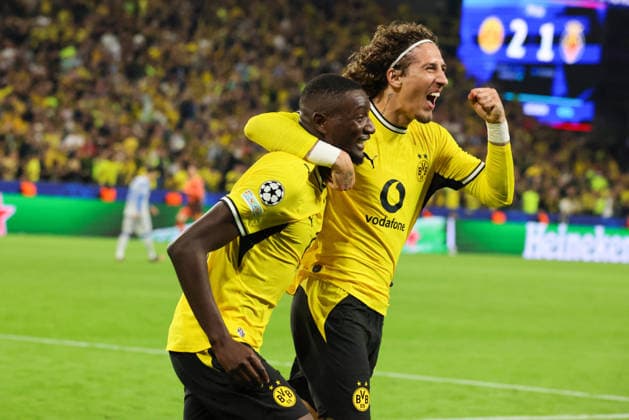 Dortmund, Deutschland: 08.09..2026 - UEFA Champions League 2026 27 - Borussia Dortmund vs. FC Villarreal Im Bild: v.li. Torschütze Serhou Guirassy (BVB) macht das Tor zum 2:1 für Dortmund und jubelt mit Fabio Silva (BVB) (DFL DFB REGULATIONS PROHIBIT ANY USE OF PHOTOGRAPHS as IMAGE SEQUENCES and or QUASI-VIDEO)