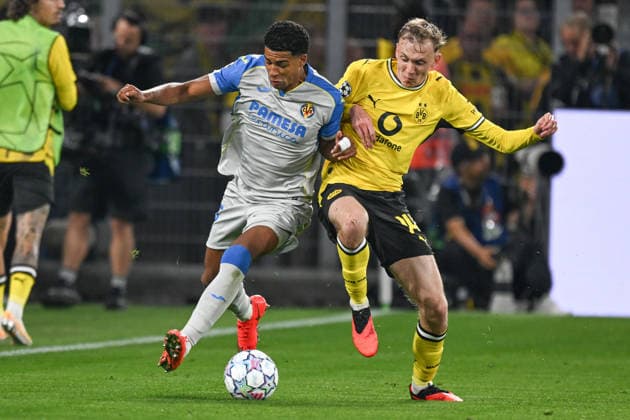 From left to right in a one-on-one duel: Santiago Mourino (Villarreal CF 15) and Maximilian Beier (Dortmund 14) on August 9, 2026 ¢ Soccer, Champions League, Borussia Dortmund vs. Villarreal Club de Fútbol, Signal Iduna Park, Dortmund, North Rhine-Westphalia, Germany Copyright: xpepphotox xHorstxMauelshagenx pep00321, pep_20260908_hm_418518