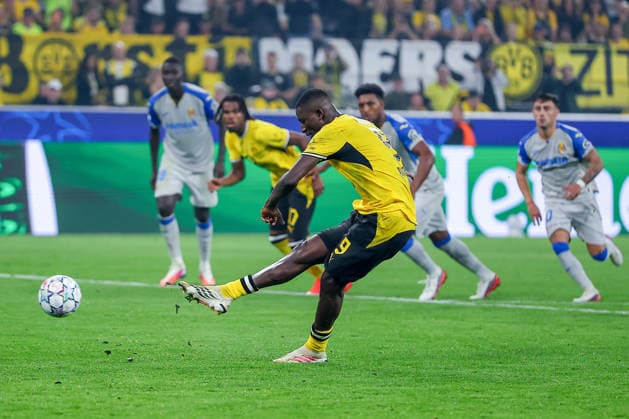 September 8, 2026, Soccer, UEFA Champions League, Borussia Dortmund vs. Villarreal, Champions League Matchday 1, Signal Iduna Park, 2026–27 Season: Shot on goal, penalty kick, shot, goal to make it 3–1 by Serhou Guirassy (BVB 09). DFB regulations prohibit any use of photographs as image sequences and or quasi-video. North Rhine-Westphalia, Germany