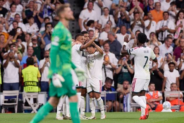 September 8, 2026, Madrid, Spain: (From L to R) Kylian Mbappe, Jude Bellingham, Brahim Diaz and Vinicius Junior (Real Madrid CF) celebrate a goal during the UEFA Champions League 2026 2027 match between Real Madrid CF and FC Internazionale Milano.Final score: Real Madrid CF 2-1 FC Internazionale Milano Madrid Spain - ZUMAs197 20260908_aaa_s197_299 Copyright: xFedericoxTitonex
