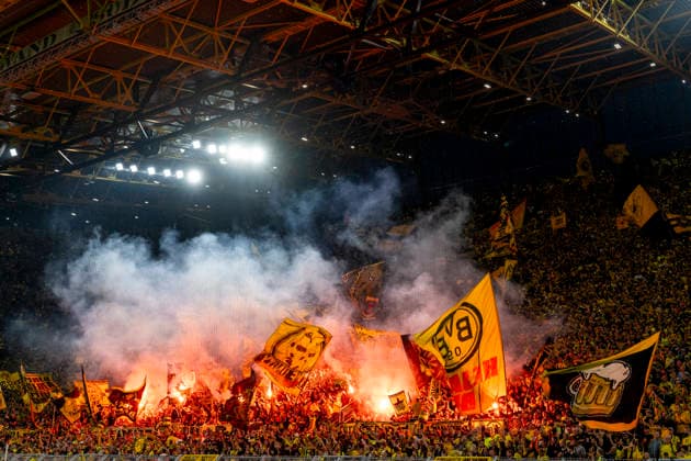 DORTMUND: Borussia Dortmund fans set off flares during the warm-up ahead of the UEFA Champions League match between Borussia Dortmund and Villarreal at BVB Stadion Dortmund on September 8, 2026, in Dortmund, Germany. Photo by DeFodi Images