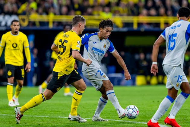 DORTMUND l r Borussia Dortmund midfielder Joey Veerman and Villarreal CF midfielder Nathan Saliba during the UEFA Champions League match between Borussia Dortmund and Villarreal at BVB Stadion Dortmund on September 8, 2026, in Dortmund, Germany. Photo by DeFodi Images
