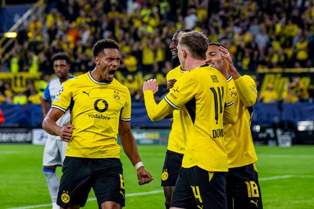 DORTMUND l r Borussia Dortmund midfielder Felix Nmecha, Borussia Dortmund forward Serhou Guirassy, Borussia Dortmund forward Maximilian Beier, and Borussia Dortmund midfielder Ethan Nwaneri celebrate the 1–0 lead during the UEFA Champions League match between Borussia Dortmund and Villarreal at BVB Stadion Dortmund on September 8, 2026, in Dortmund, Germany. Photo by DeFodi Images