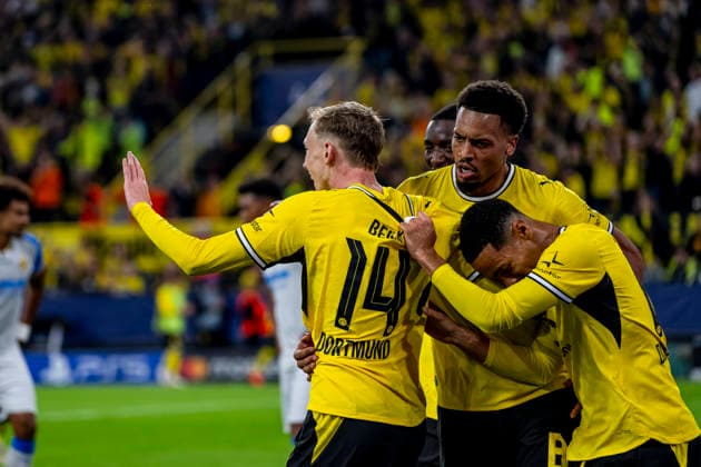 DORTMUND Borussia Dortmund forward Maximilian Beier, Borussia Dortmund midfielder Felix Nmecha, and Borussia Dortmund midfielder Ethan Nwaneri celebrate the 1-0 lead during the UEFA Champions League match between Borussia Dortmund and Villarreal at BVB Stadion Dortmund on September 8, 2026, in Dortmund, Germany. Photo by DeFodi Images