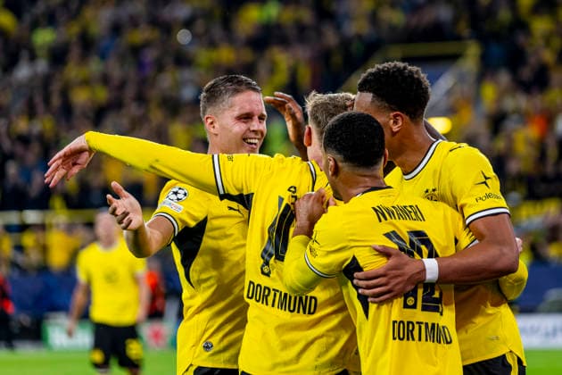 DORTMUND Borussia Dortmund midfielder Joey Veerman, Borussia Dortmund forward Maximilian Beier, Borussia Dortmund midfielder Ethan Nwaneri, and Borussia Dortmund forward Serhou Guirassy celebrate the 1–0 lead during the UEFA Champions League match between Borussia Dortmund and Villarreal at BVB Stadion Dortmund on September 8, 2026, in Dortmund, Germany. Photo by DeFodi Images
