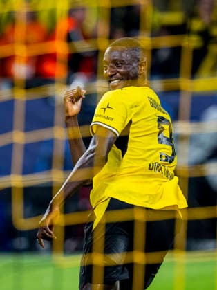 DORTMUND Borussia Dortmund forward Serhou Guirassy celebrates the 2-1 goal during the UEFA Champions League match between Borussia Dortmund and Villarreal at BVB Stadion Dortmund on September 8, 2026, in Dortmund, Germany. Photo by DeFodi Images