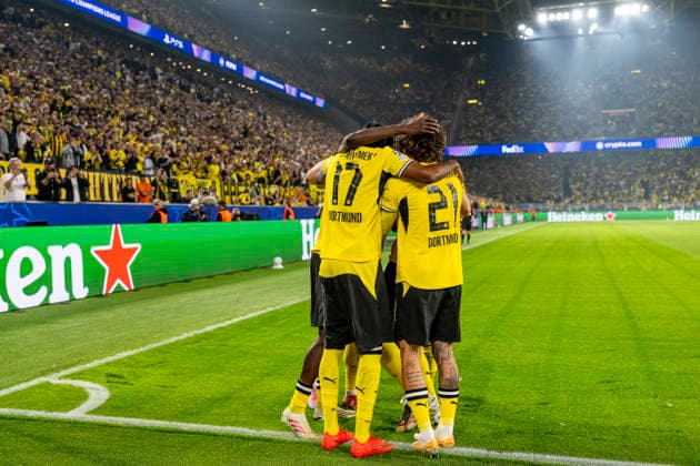 DORTMUND Borussia Dortmund forward Serhou Guirassy, Borussia Dortmund midfielder Carney Chukwuemeka, and Borussia Dortmund forward Fabio Silva celebrate the 3–1 victory during the UEFA Champions League match between Borussia Dortmund and Villarreal at BVB Stadion Dortmund on September 8, 2026, in Dortmund, Germany. Photo by DeFodi Images