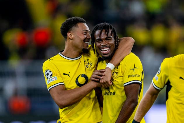 DORTMUND Borussia Dortmund midfielder Felix Nmecha and Borussia Dortmund defender Joane Gadou during the UEFA Champions League match between Borussia Dortmund and Villarreal at BVB Stadion Dortmund on September 8, 2026, in Dortmund, Germany. Photo by DeFodi Images