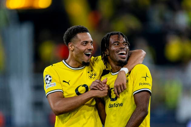 DORTMUND: Borussia Dortmund midfielder Felix Nmecha and Borussia Dortmund defender Joane Gadou during the UEFA Champions League match between Borussia Dortmund and Villarreal at BVB Stadion Dortmund on September 8, 2026, in Dortmund, Germany. Photo by DeFodi Images