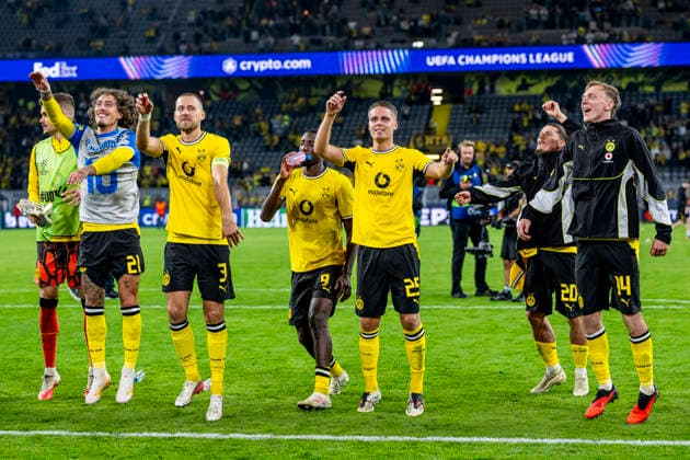 DORTMUND Borussia Dortmund forward Fabio Silva, Borussia Dortmund defender Waldemar Anton, Borussia Dortmund forward Serhou Guirassy, Borussia Dortmund midfielder Joey Veerman, Borussia Dortmund midfielder Marcel Sabitzer, and Borussia Dortmund forward Maximilian Beier during the UEFA Champions League match between Borussia Dortmund and Villarreal at BVB Stadion Dortmund on September 8, 2026, in Dortmund, Germany. Photo by DeFodi Images