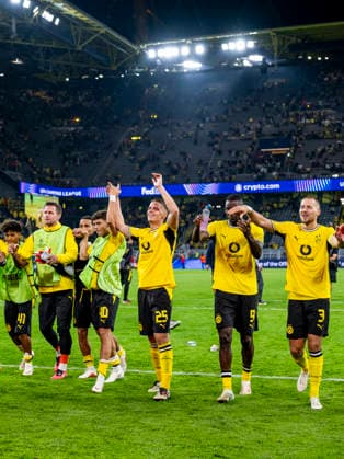 DORTMUND Borussia Dortmund midfielder Joey Veerman, Borussia Dortmund forward Serhou Guirassy, and Borussia Dortmund defender Waldemar Anton during the UEFA Champions League match between Borussia Dortmund and Villarreal at BVB Stadion Dortmund on September 8, 2026, in Dortmund, Germany. Photo by DeFodi Images