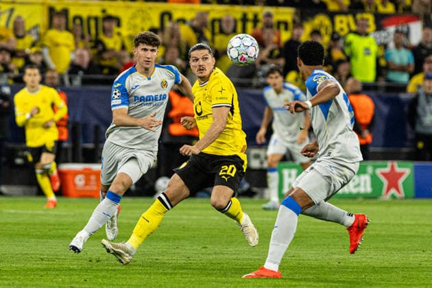 UEFA Champions League: Borussia Dortmund vs. Villarreal CF, September 8, 2026; Pau Navarro (Villarreal CF), 6, Marcel Sabitzer, Borussia Dortmund, 20, Santiago Mourino, Villarreal CF, 15. UEFA Champions League opener: Borussia Dortmund vs. Villarreal CF at BVB Stadium Dortmund, Dortmund, September 8, 2026 Copyright: xBEAUTIFULxSPORTS Buriakovx