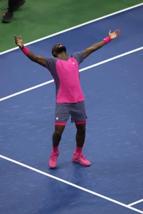 US Open tennis tournament - Day 10 Frances Tiafoe of the US reacts after defeating compatriot Alex Michelsen in their men s singles quarterfinal match at the US Open Tennis Championships at the USTA Billie Jean King National Tennis Center in Flushing, New York, USA, 08 September 2026. FLUSHING MEADOWS NEW YORK United States  Copyright: xBRIANxHIRSCHFELDx