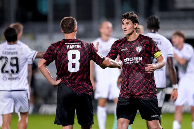 From left: Michael Martin (SGV), 8, Pablo Zahnen Martinez (SVS), 5, players from SGV Heilbronn Freiberg, Celebrating after the final whistle following the tie, draw, split points, point earned; cheering, joy, happy, positive, optimistic, highlight, action, September 8, 2026, Sandhausen, Germany, soccer, Regionalliga Southwest, SV Sandhausen vs. SGV Heilbronn Freiberg xozx