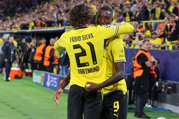 Dortmund, Deutschland: 08.09..2026 - UEFA Champions League 2026 27 - Borussia Dortmund vs. FC Villarreal Im Bild: v.li. der Zweite Torschütze Serhou Guirassy (BVB) macht das Tor zum 2:1 für Dortmund und jubelt mit Fabio Silva (BVB) (DFL DFB REGULATIONS PROHIBIT ANY USE OF PHOTOGRAPHS as IMAGE SEQUENCES and or QUASI-VIDEO)